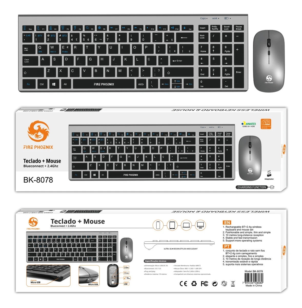 Kit de teclado e mouse sem fio Bluetooth e 2.4G, recarregável