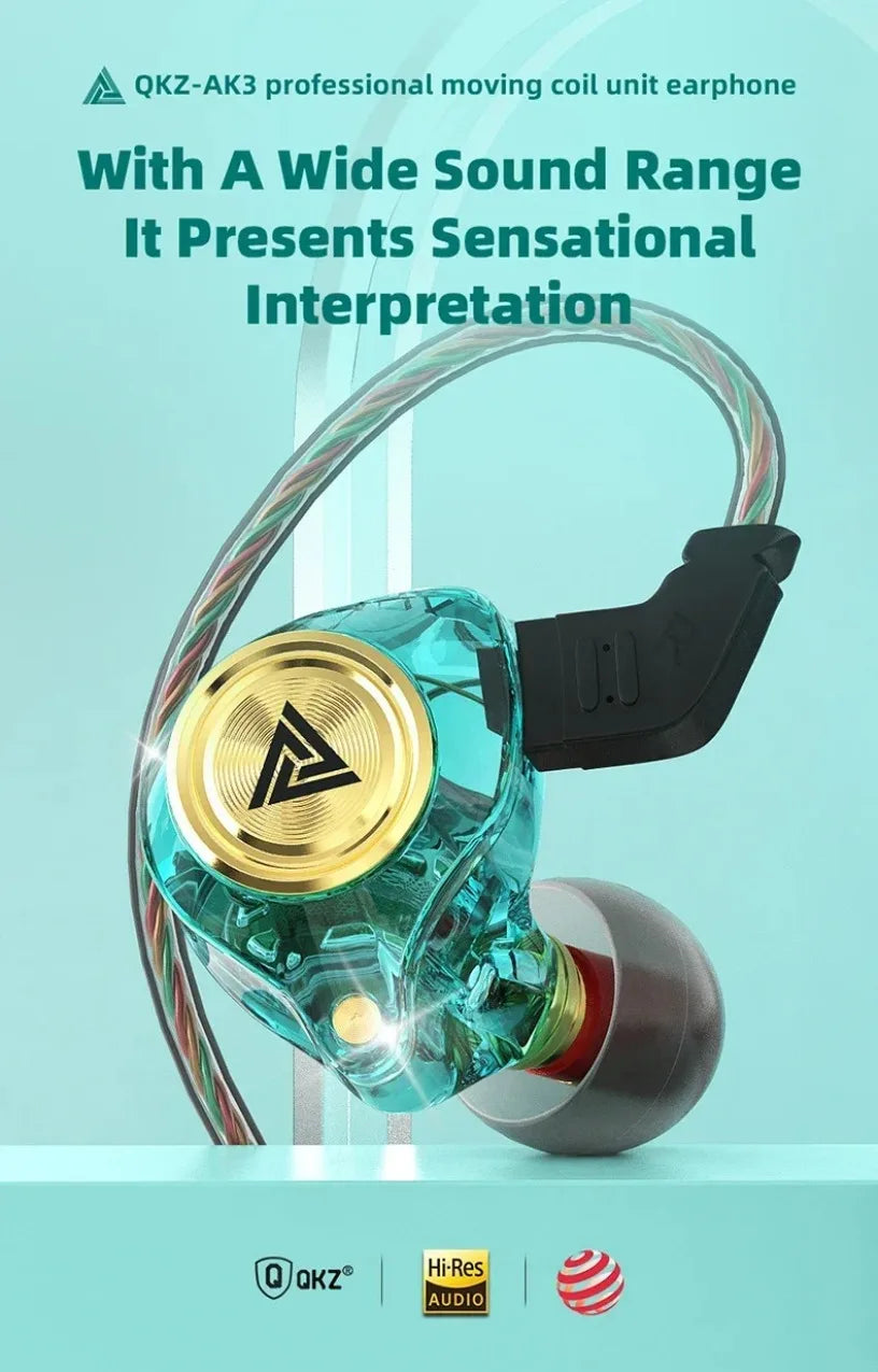 QKZ AK3 FiLe Wired Earphone with Microphone HiFi Music Monitor Bass Headphones Noise Cancelling Headset For Sport Gaming Earbuds