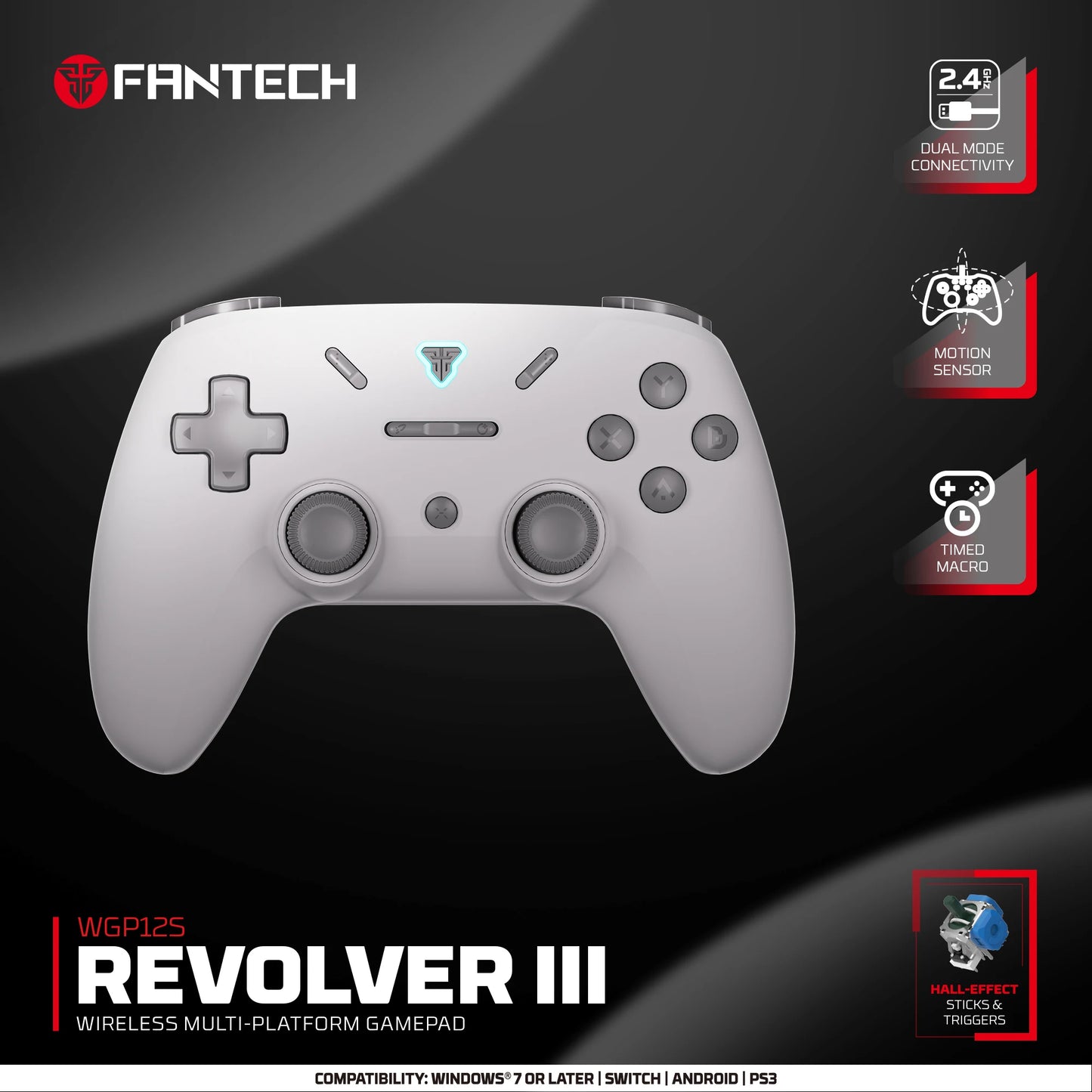 Controle Gamer Sem Fio FANTECH REVOLVER III WGP12S — Hall Effect, Giroscópio, 1000Hz — PS4 e PC