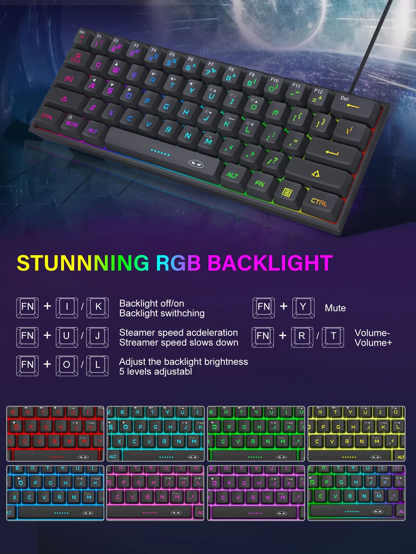 Teclado MageGee 60% RGB – Compacto e Confortável para Trabalho e Setup Gamer
