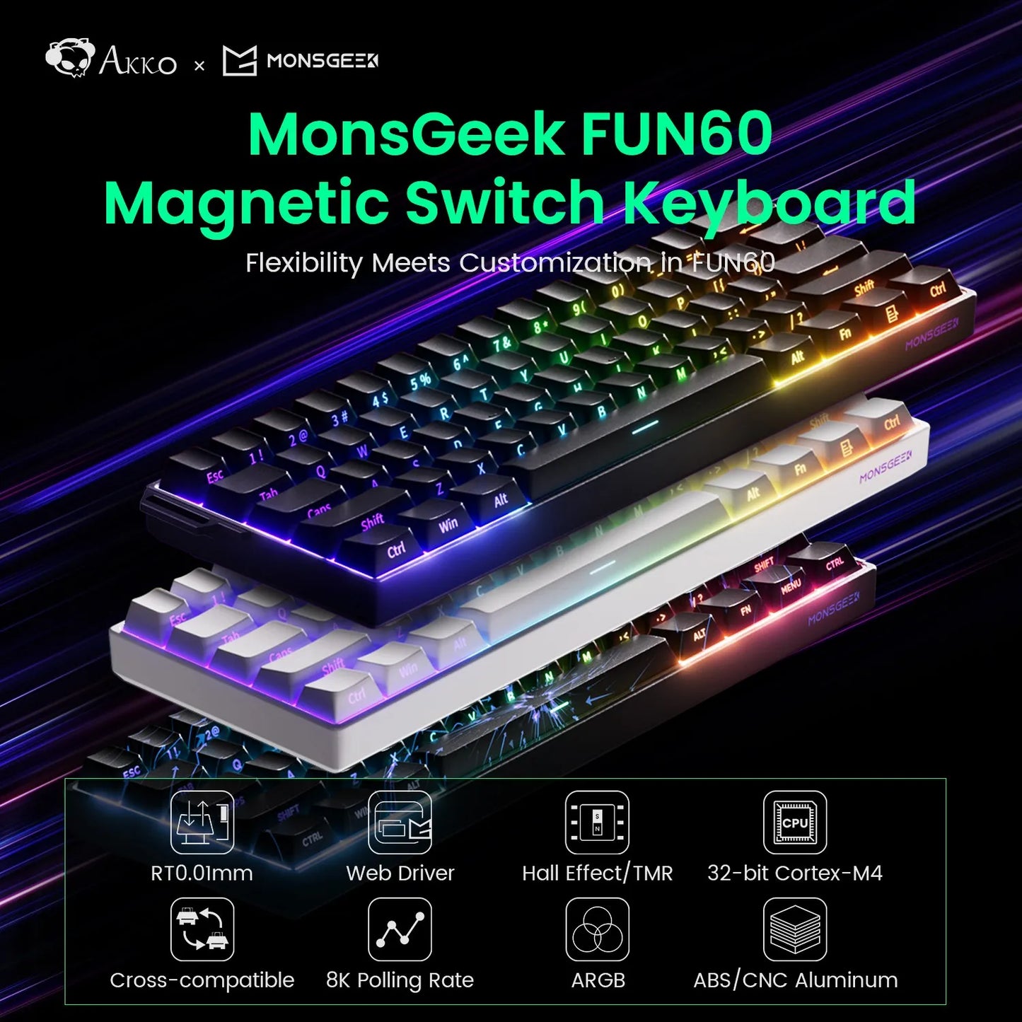 Teclado Mecanico , Akko MonsGeek FUN60 com Switch Magnético, 60%, com Resposta Rápida de 0,01mm, 8K ARGB HE/TMR