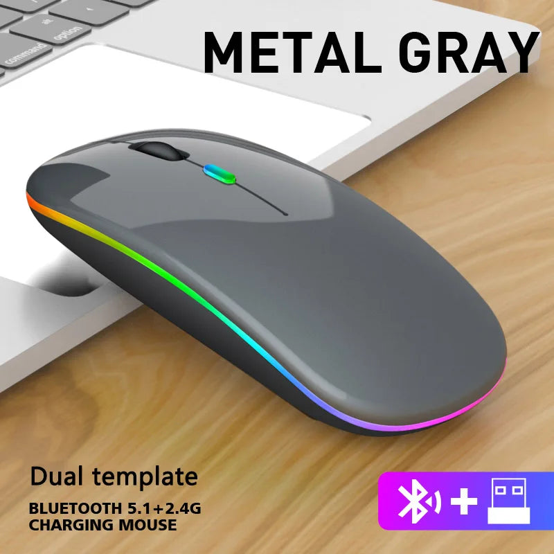 Mouse sem fio Bluetooth 2.4GHz recarregável, para PC e laptops