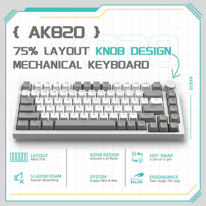 Teclado mecânico com fio AJAZZ AK820 com botões de volume rotativos e teclas hot-swappable para uso em escritório e casa.