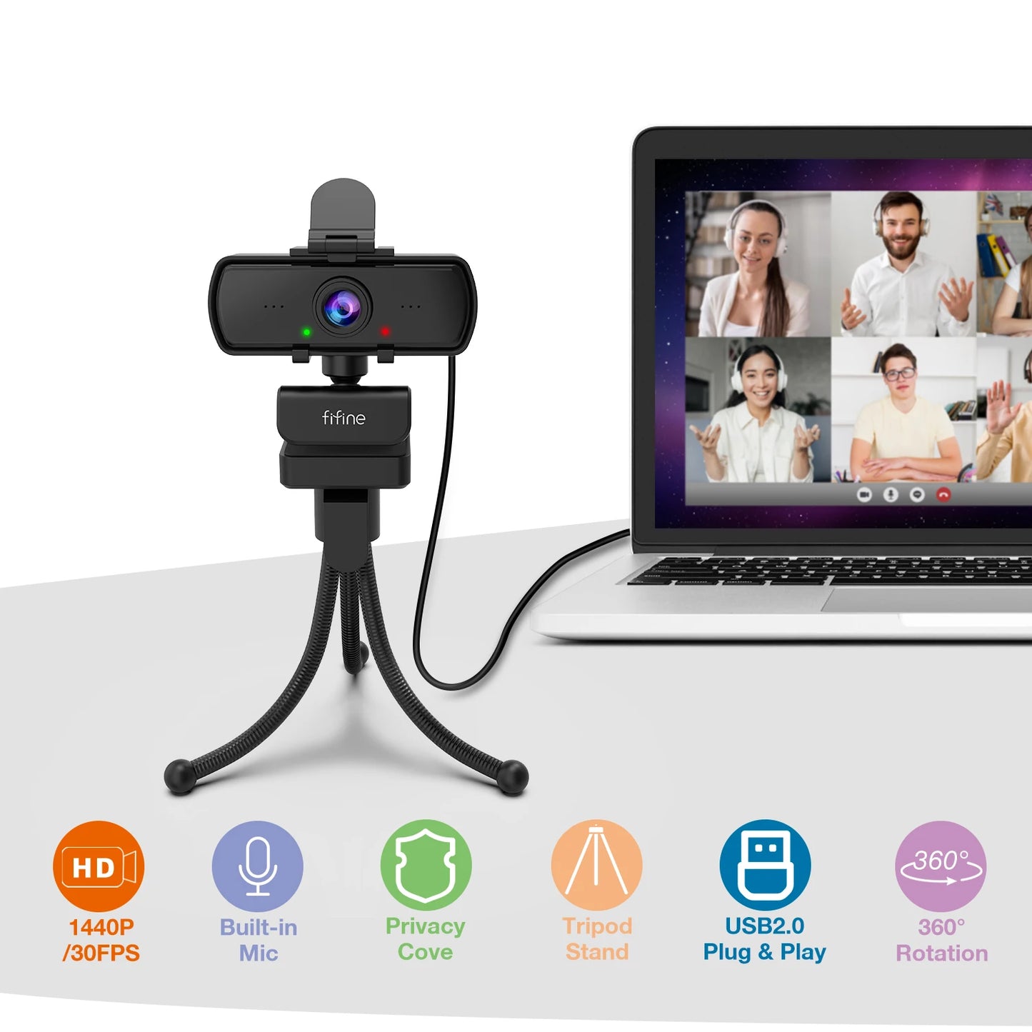 Webcam FIFINE Full HD 1440p para PC com microfone e tripé