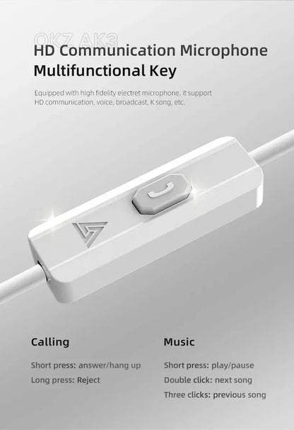 QKZ AK3 FiLe Wired Earphone with Microphone HiFi Music Monitor Bass Headphones Noise Cancelling Headset For Sport Gaming Earbuds