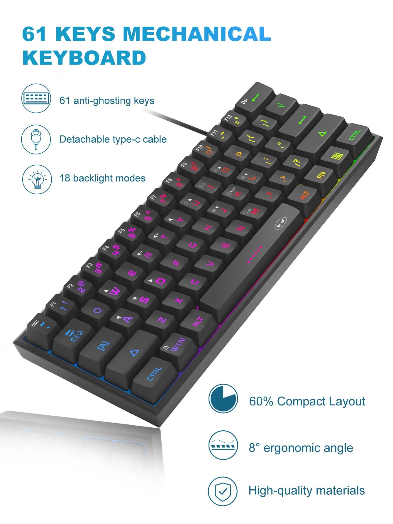 Teclado MageGee 60% RGB – Compacto e Confortável para Trabalho e Setup Gamer