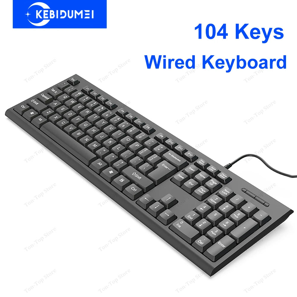 Teclado USB com fio, 104 teclas,  com membrana.