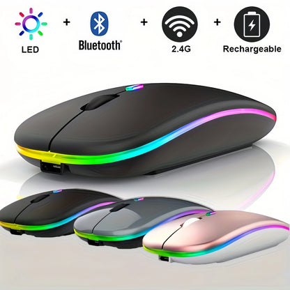 Mouse sem fio Bluetooth 2.4GHz recarregável, para PC e laptops