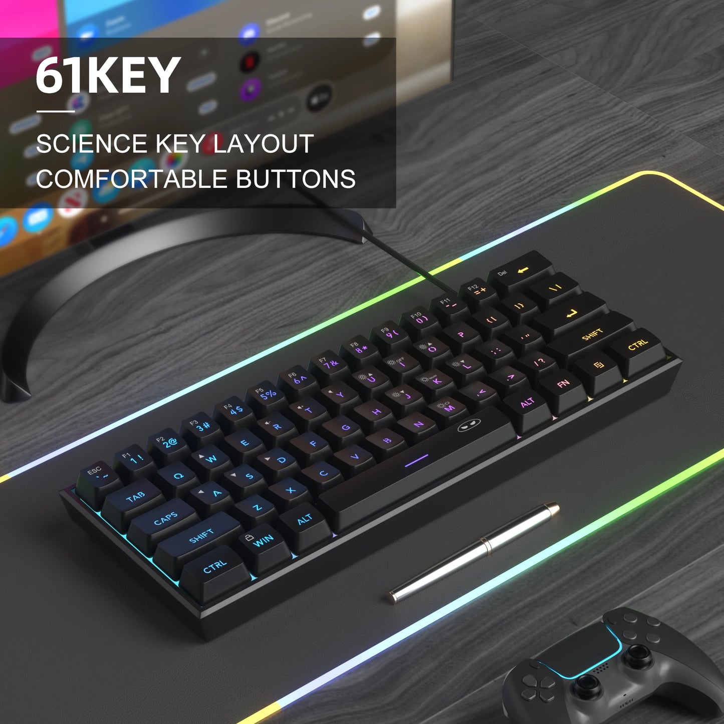 Teclado MageGee 60% RGB – Compacto e Confortável para Trabalho e Setup Gamer