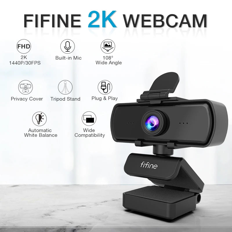 Webcam FIFINE Full HD 1440p para PC com microfone e tripé