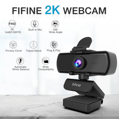 Webcam FIFINE Full HD 1440p para PC com microfone e tripé