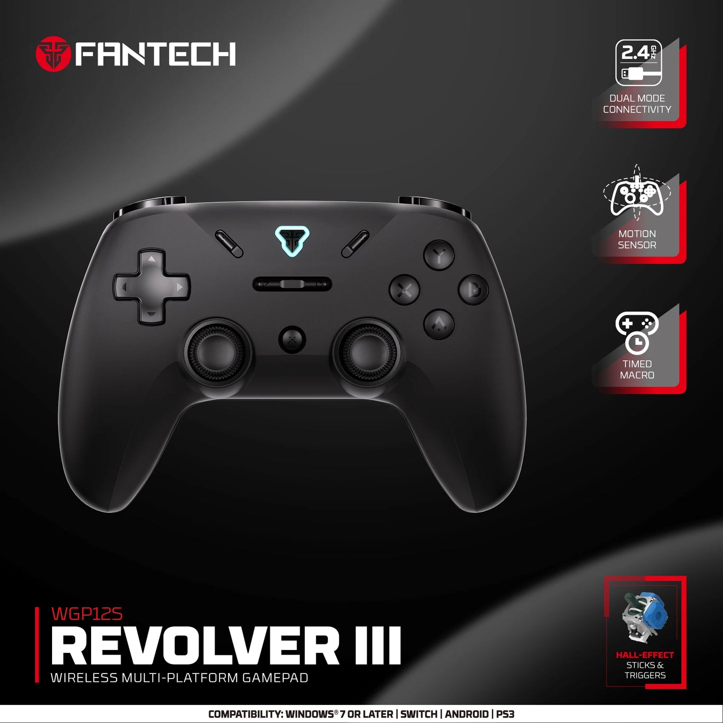 Controle Gamer Sem Fio FANTECH REVOLVER III WGP12S — Hall Effect, Giroscópio, 1000Hz — PS4 e PC
