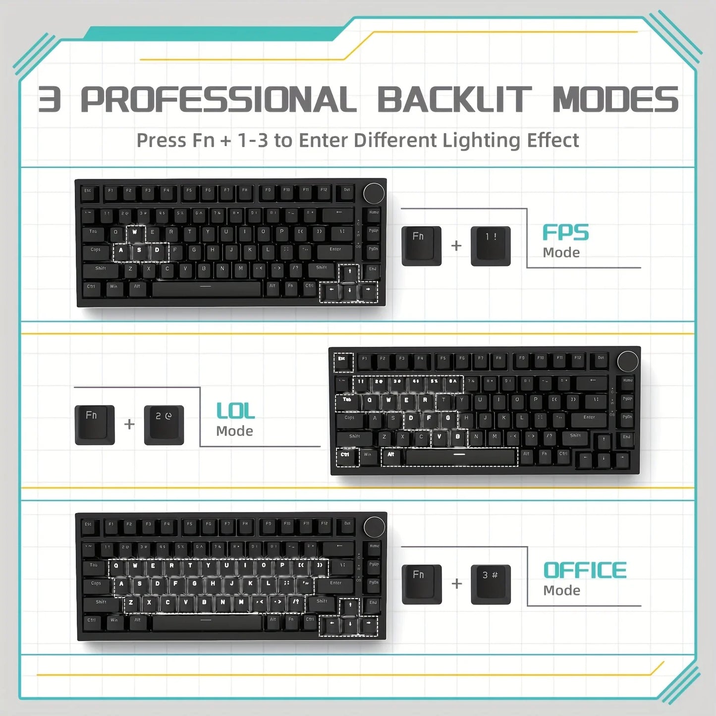 Teclado mecânico com fio AJAZZ AK820 com botões de volume rotativos e teclas hot-swappable para uso em escritório e casa.