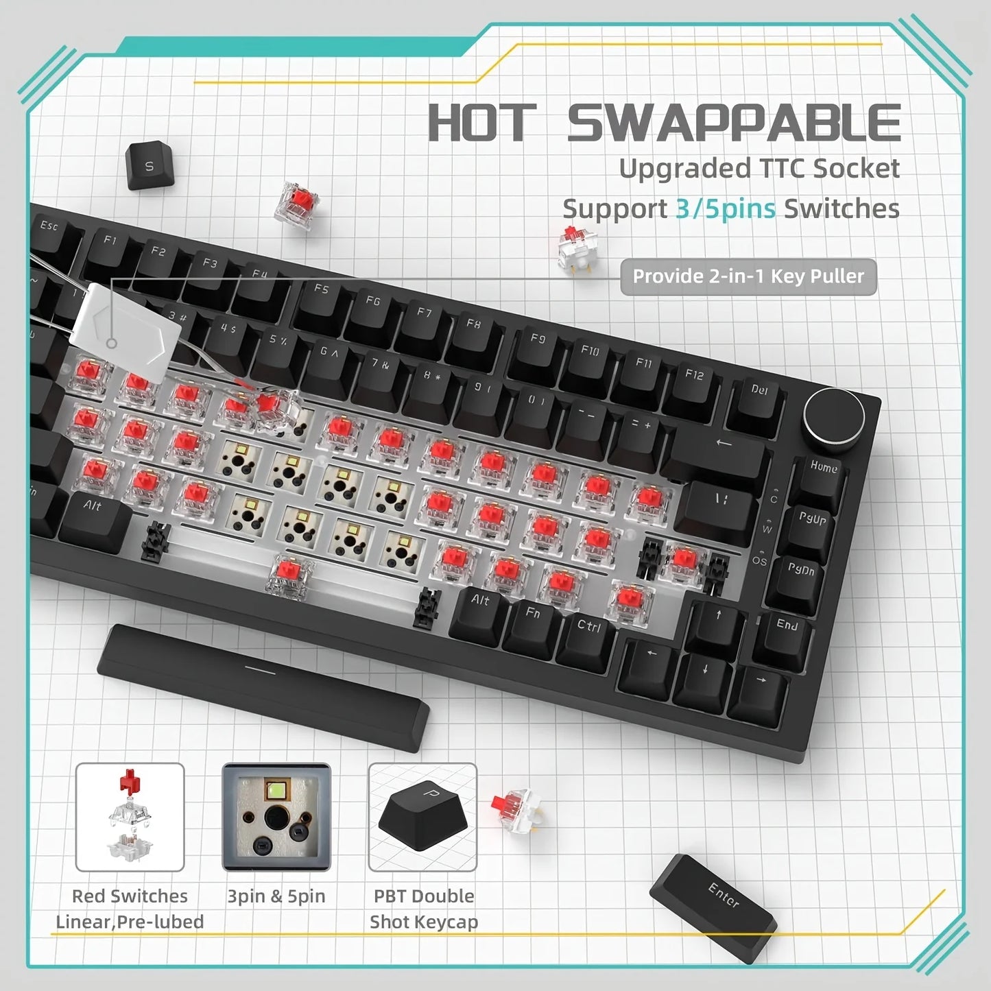 Teclado mecânico com fio AJAZZ AK820 com botões de volume rotativos e teclas hot-swappable para uso em escritório e casa.