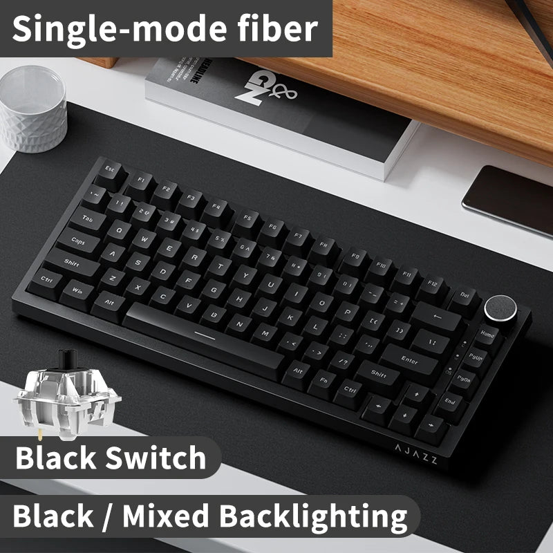 Teclado mecânico com fio AJAZZ AK820 com botões de volume rotativos e teclas hot-swappable para uso em escritório e casa.