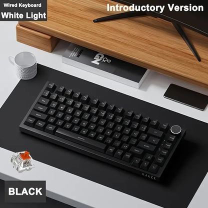 Teclado mecânico com fio AJAZZ AK820 com botões de volume rotativos e teclas hot-swappable para uso em escritório e casa.