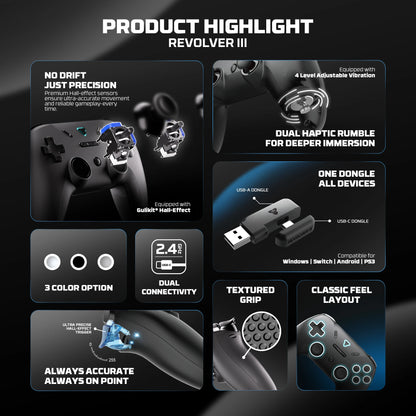 Controle Gamer Sem Fio FANTECH REVOLVER III WGP12S — Hall Effect, Giroscópio, 1000Hz — PS4 e PC