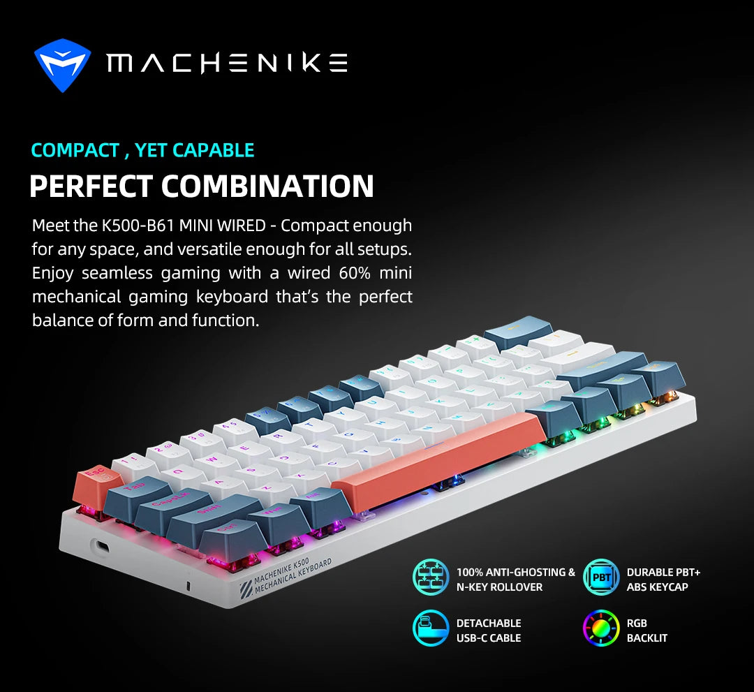 Teclado Mecânico Machenike K500-B61 60% – RGB e Switches Hot-Swap para Setup Gamer