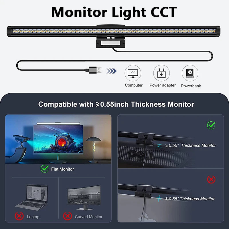 Luminária LED RGB para Monitor 44cm – Iluminação Confortável para Estudo, Trabalho e Games