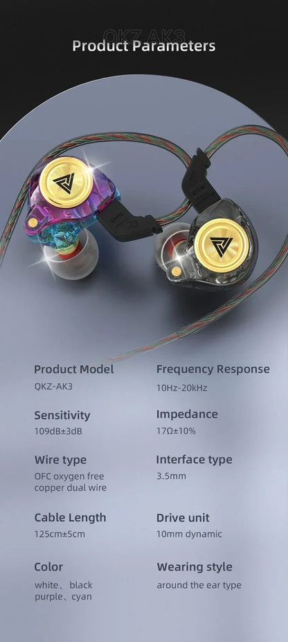 QKZ AK3 FiLe Wired Earphone with Microphone HiFi Music Monitor Bass Headphones Noise Cancelling Headset For Sport Gaming Earbuds