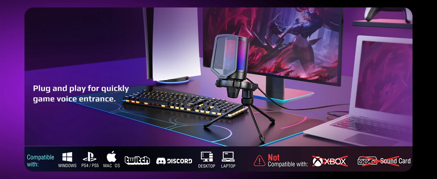 Microfone condensador USB FIFINE para jogos, compatível com PC, PS4, PS5 e MAC