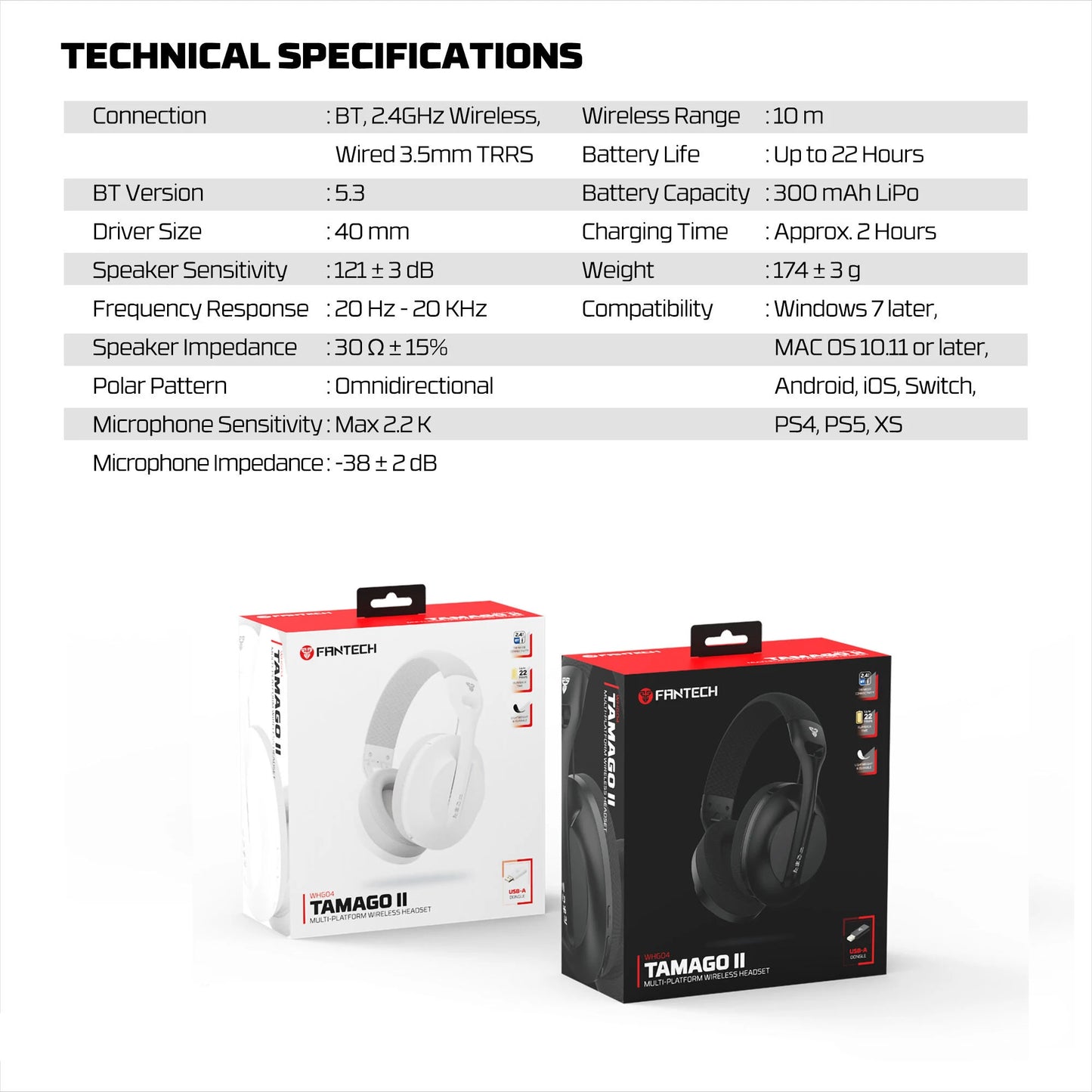 FANTECH TAMAGO II WHG04 Wired and Wireless Headset 40MM Big Driver 22 Hours Usage Time Headphones with Microphone ENC Headset