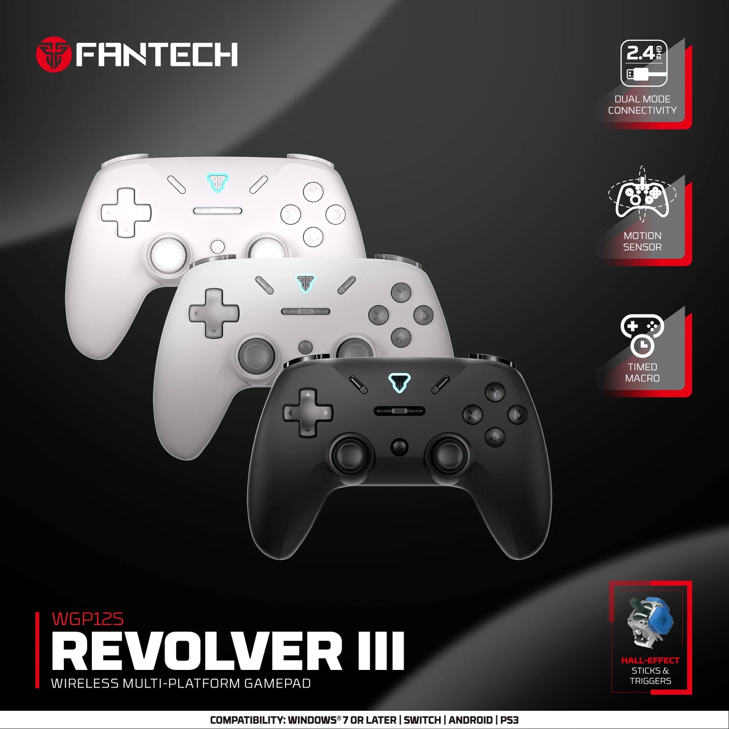 Controle Gamer Sem Fio FANTECH REVOLVER III WGP12S — Hall Effect, Giroscópio, 1000Hz — PS4 e PC