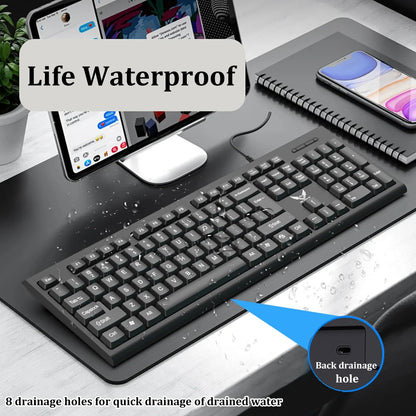 Teclado USB com fio, 104 teclas,  com membrana.