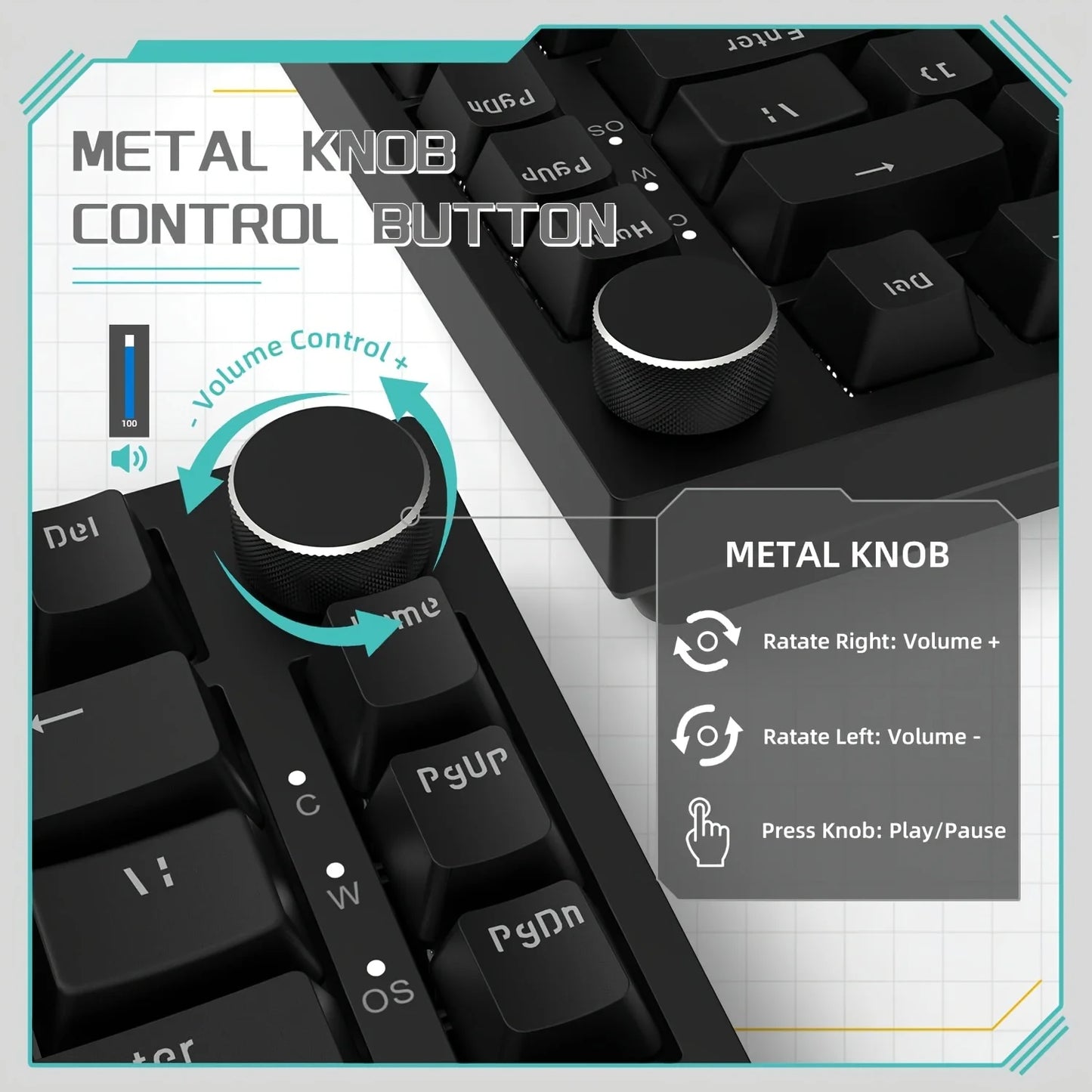 Teclado mecânico com fio AJAZZ AK820 com botões de volume rotativos e teclas hot-swappable para uso em escritório e casa.