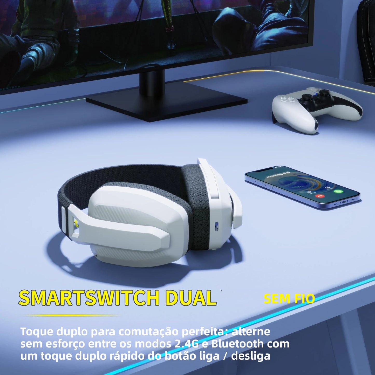 Headset Gamer Bluetooth BINNUNE BW06 com Microfone — PS5, PS4, PC, Mac — Sem Fio 2.4GHz
