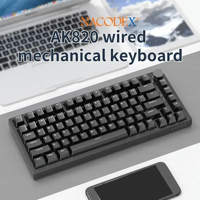 Teclado mecânico com fio AJAZZ AK820 com botões de volume rotativos e teclas hot-swappable para uso em escritório e casa.