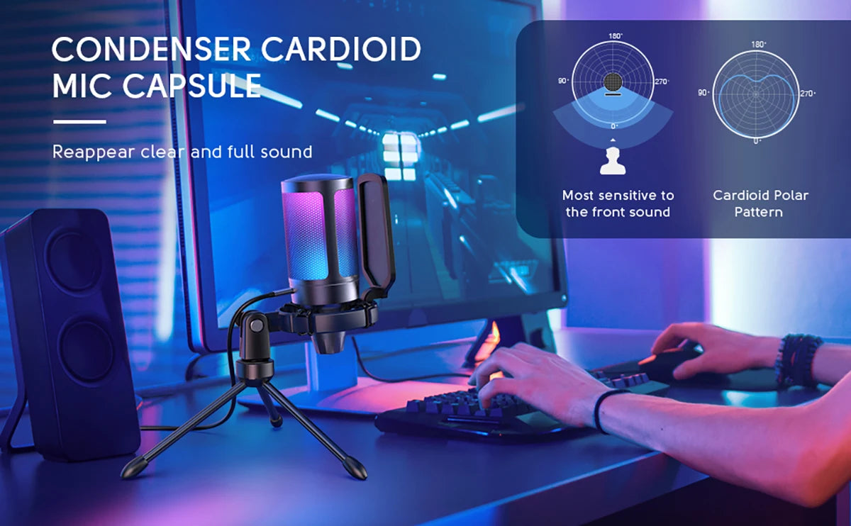 Microfone condensador USB FIFINE para jogos, compatível com PC, PS4, PS5 e MAC