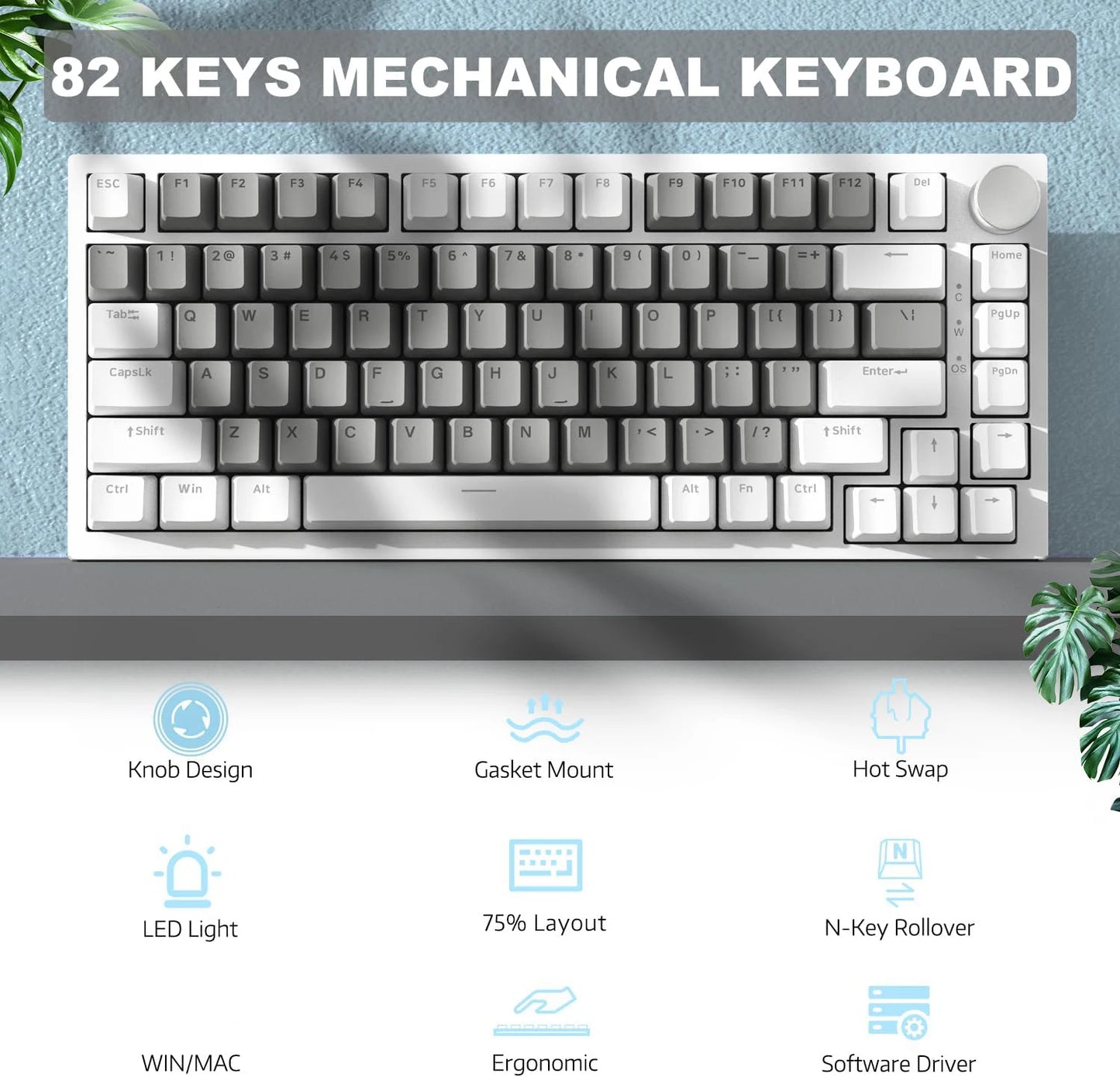 Teclado mecânico com fio AJAZZ AK820 com botões de volume rotativos e teclas hot-swappable para uso em escritório e casa.