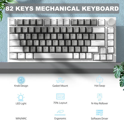 Teclado mecânico com fio AJAZZ AK820 com botões de volume rotativos e teclas hot-swappable para uso em escritório e casa.