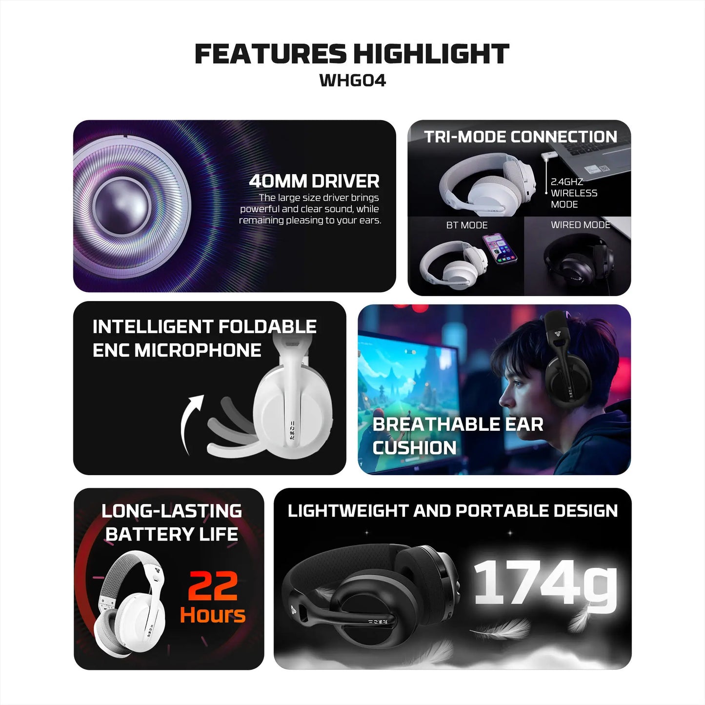 FANTECH TAMAGO II WHG04 Wired and Wireless Headset 40MM Big Driver 22 Hours Usage Time Headphones with Microphone ENC Headset