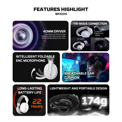 FANTECH TAMAGO II WHG04 Wired and Wireless Headset 40MM Big Driver 22 Hours Usage Time Headphones with Microphone ENC Headset