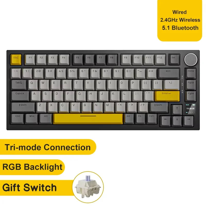 Teclado mecânico com fio AJAZZ AK820 com botões de volume rotativos e teclas hot-swappable para uso em escritório e casa.