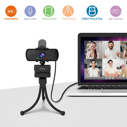 Webcam FIFINE Full HD 1440p para PC com microfone e tripé