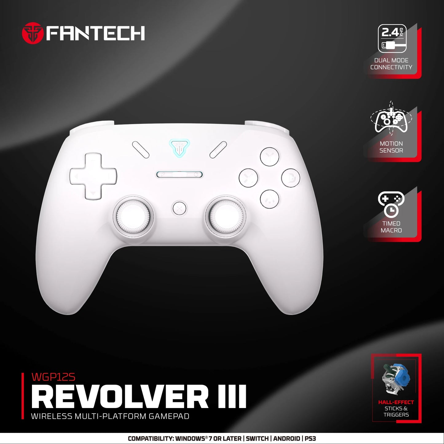 Controle Gamer Sem Fio FANTECH REVOLVER III WGP12S — Hall Effect, Giroscópio, 1000Hz — PS4 e PC