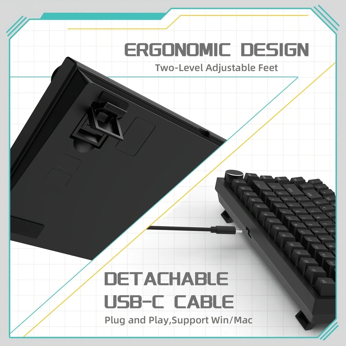 Teclado mecânico com fio AJAZZ AK820 com botões de volume rotativos e teclas hot-swappable para uso em escritório e casa.