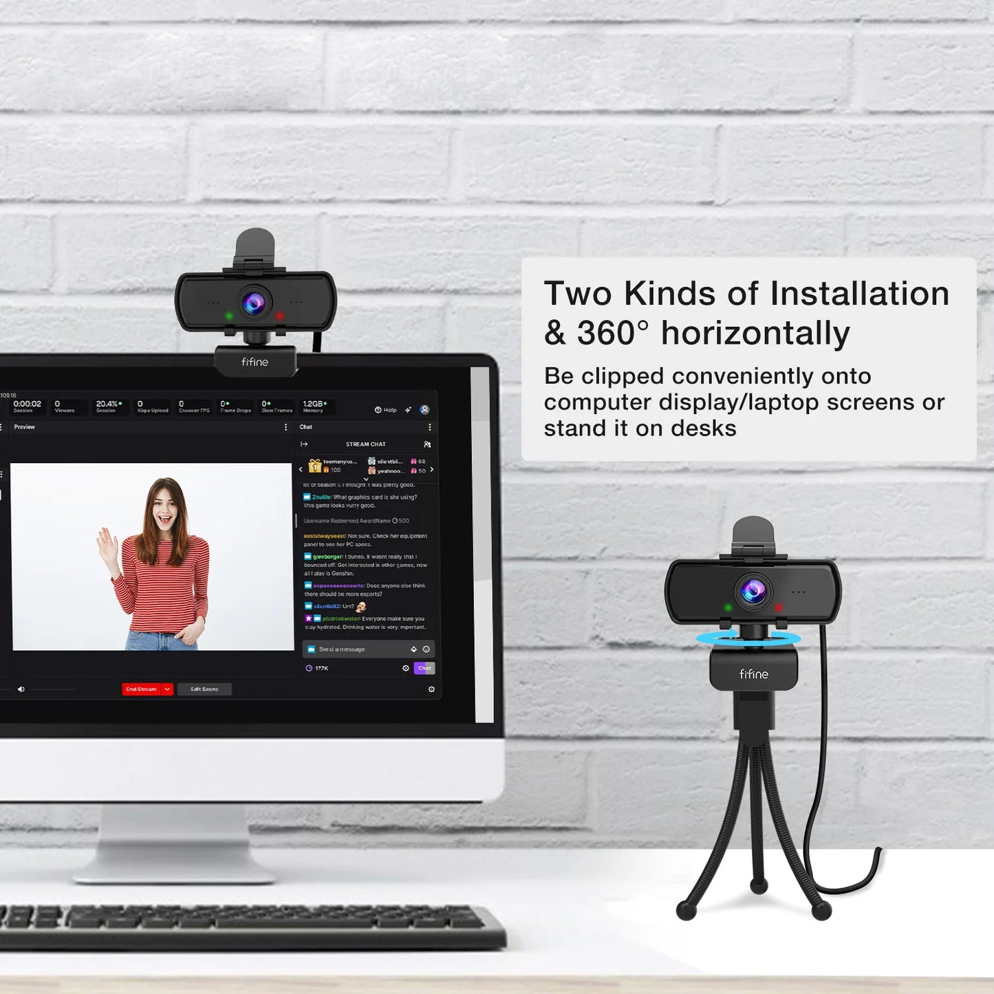 Webcam FIFINE Full HD 1440p para PC com microfone e tripé