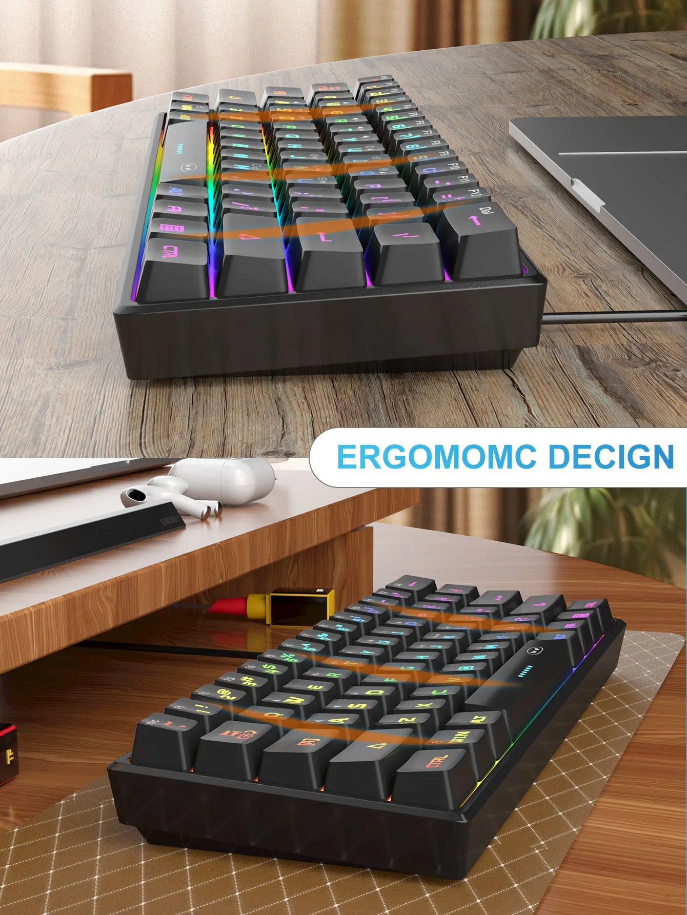 Teclado MageGee 60% RGB – Compacto e Confortável para Trabalho e Setup Gamer