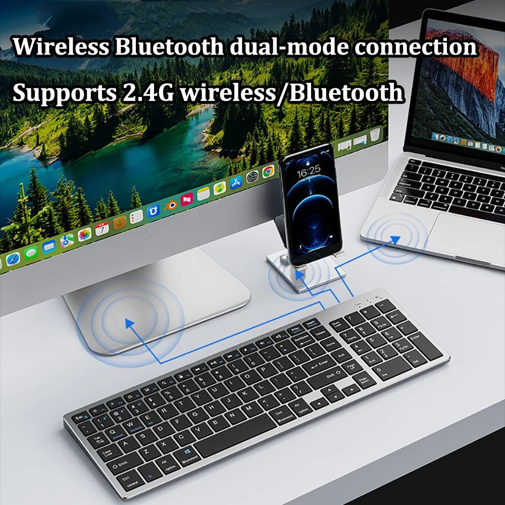 Teclado sem fio, 2.4G e Bluetooth 5.0