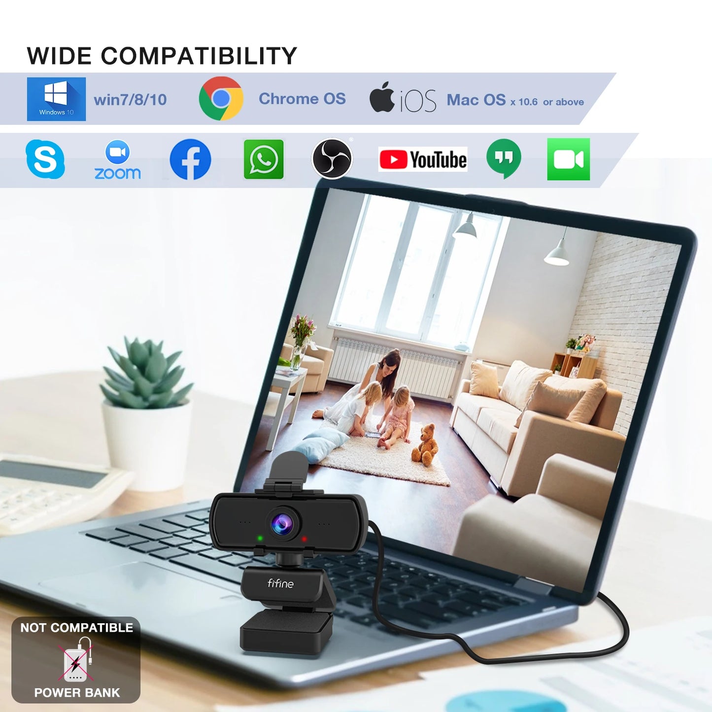 Webcam FIFINE Full HD 1440p para PC com microfone e tripé